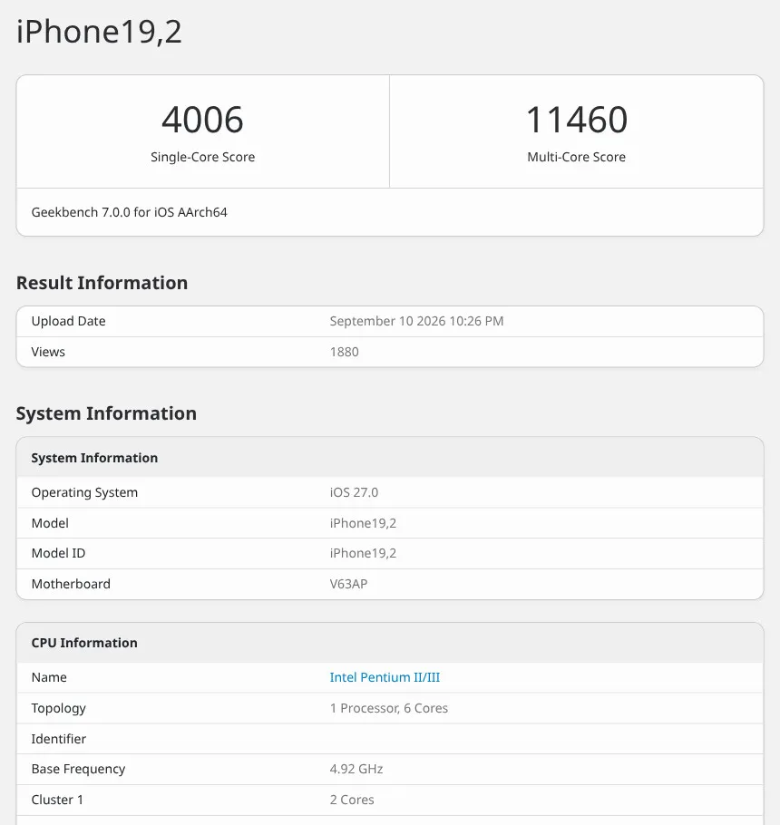 Wpis iPhone19,2 w bazie Geekbench 7: 4006 punktów w jednym rdzeniu, 11 460 w wielu, a w rubryce nazwy procesora „Intel Pentium II/III”