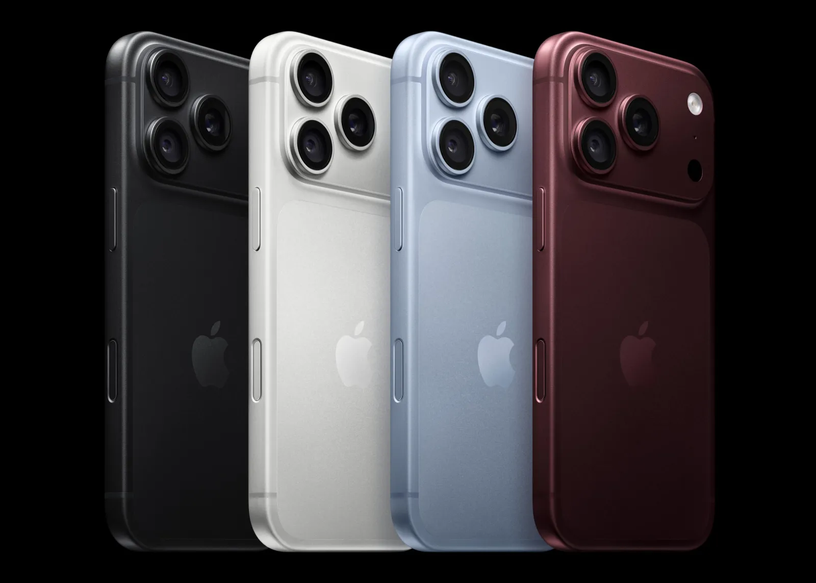 iPhone 18 Pro ve čtyřech barvách: černá, stříbrná, ledovcově modrá, burgundská. Foto: Apple